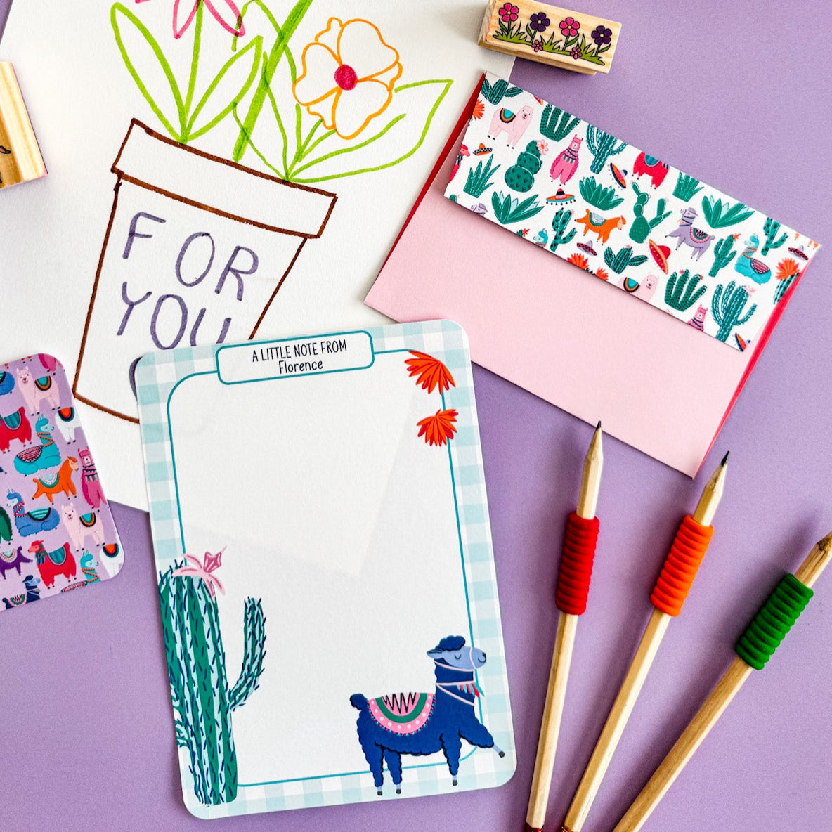 Llama themed letter writing sheets from the Dolly and Fred children's stationery set