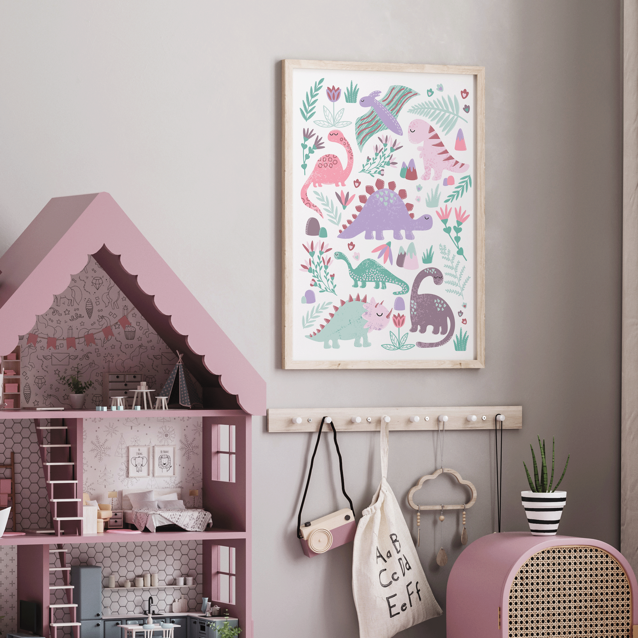 A cute pink and purple themed dinosaur print for a little girls bedroom