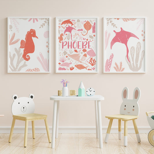 Girls Pink and Peach Sea Animal Name Print Set, New Baby Gift for Girls, Personalised Ocean Print Set