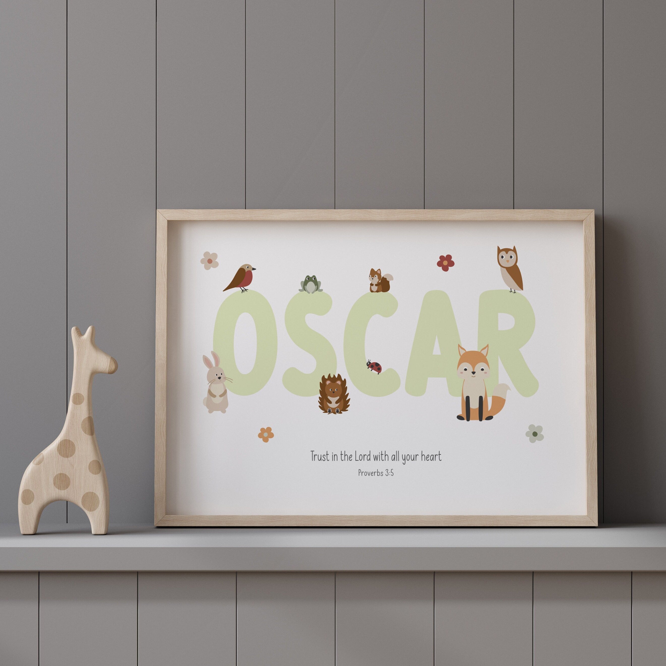 Woodland Nursery Name Sign, Christening gift for baby, gender neutral animal playroom decor, custom bible verse wall art