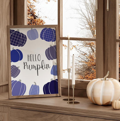 Framed &quot;Hello Pumpkin&quot; print with an assortment of pumpkins artistically scattered around the cheerful text, perfect for seasonal decor.