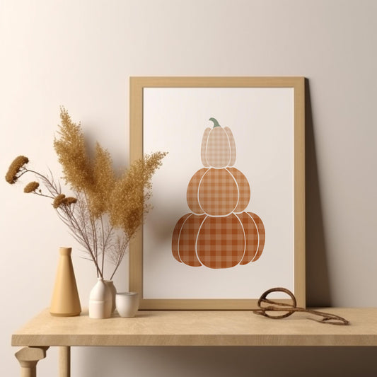 Fall Pumpkins Seasonal Print, Check Pumpkin Autumn Decor, Cosy Autumn Wall Art