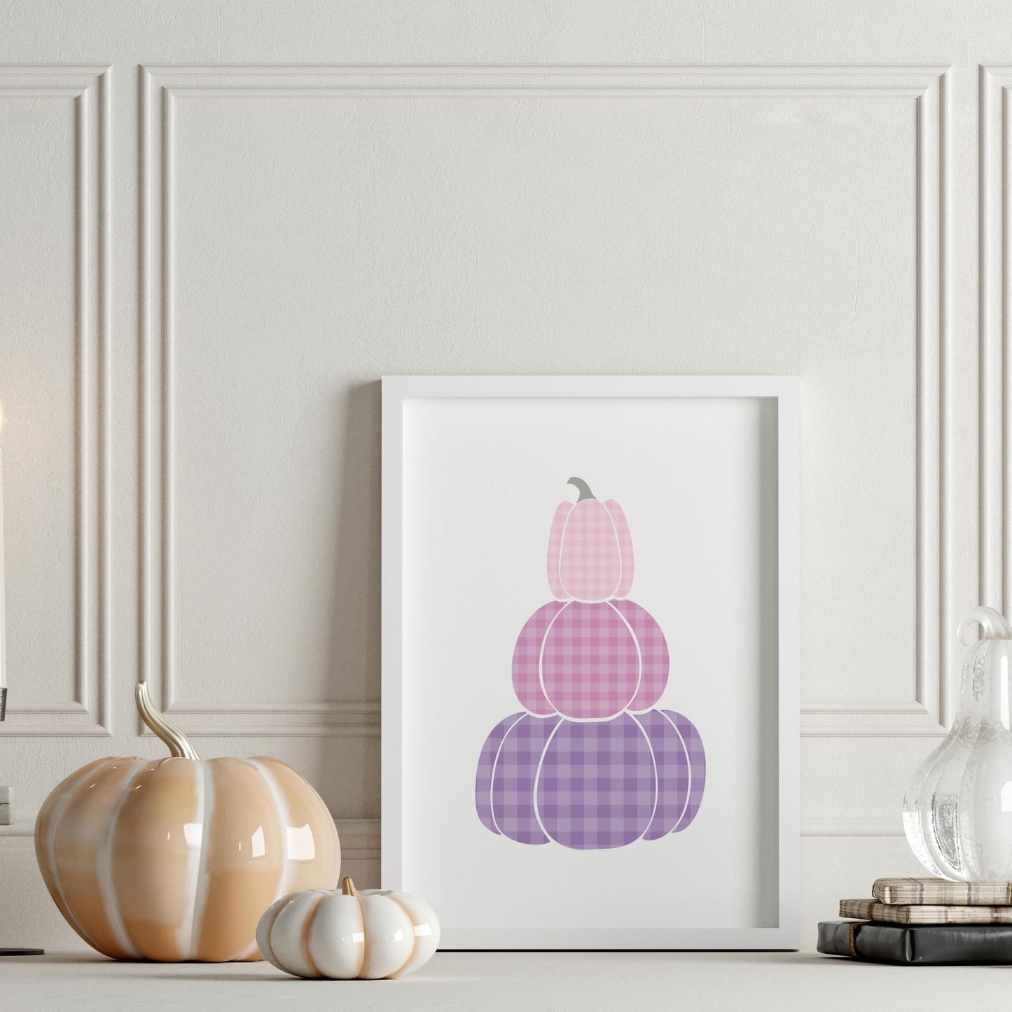 Fall Pumpkins Seasonal Print, Check Pumpkin Autumn Decor, Cosy Autumn Wall Art