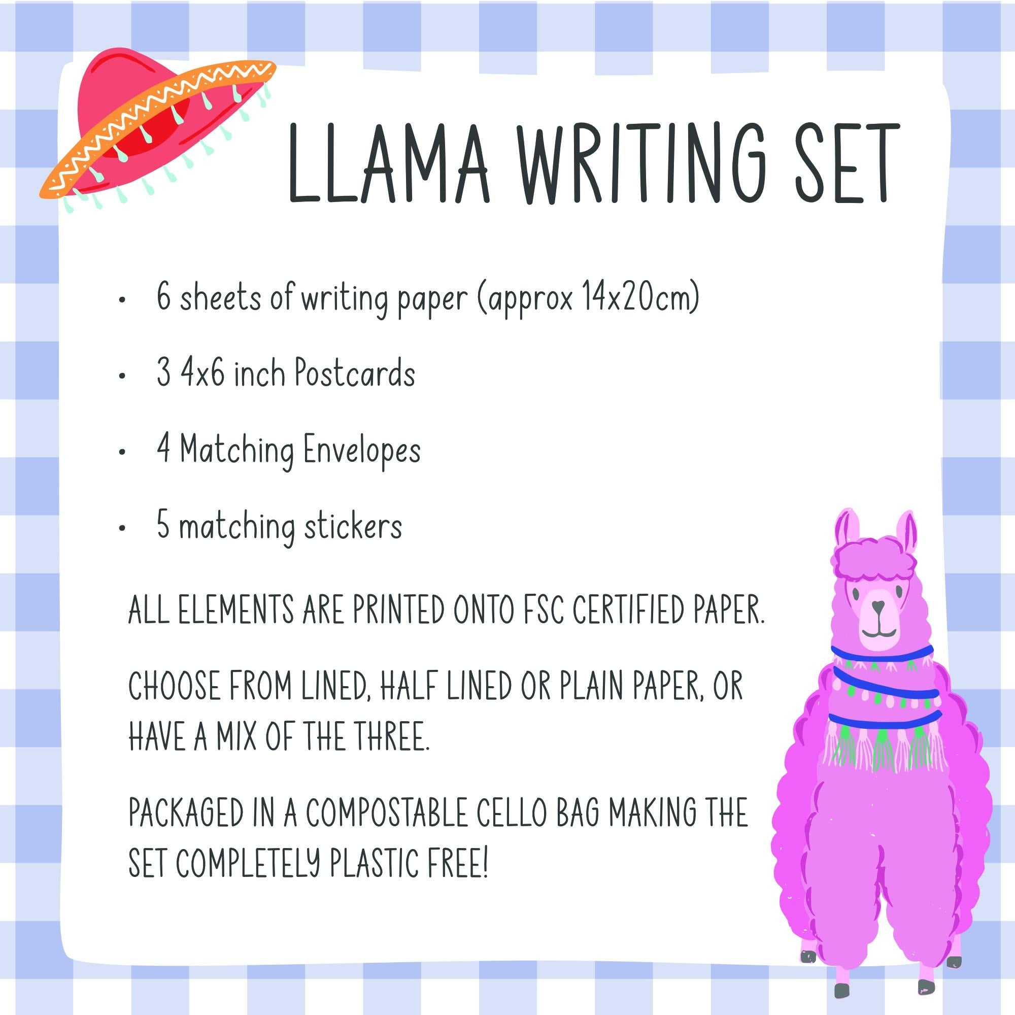 Llama writing set for children, little girls stationery set, personalised notecards for kids