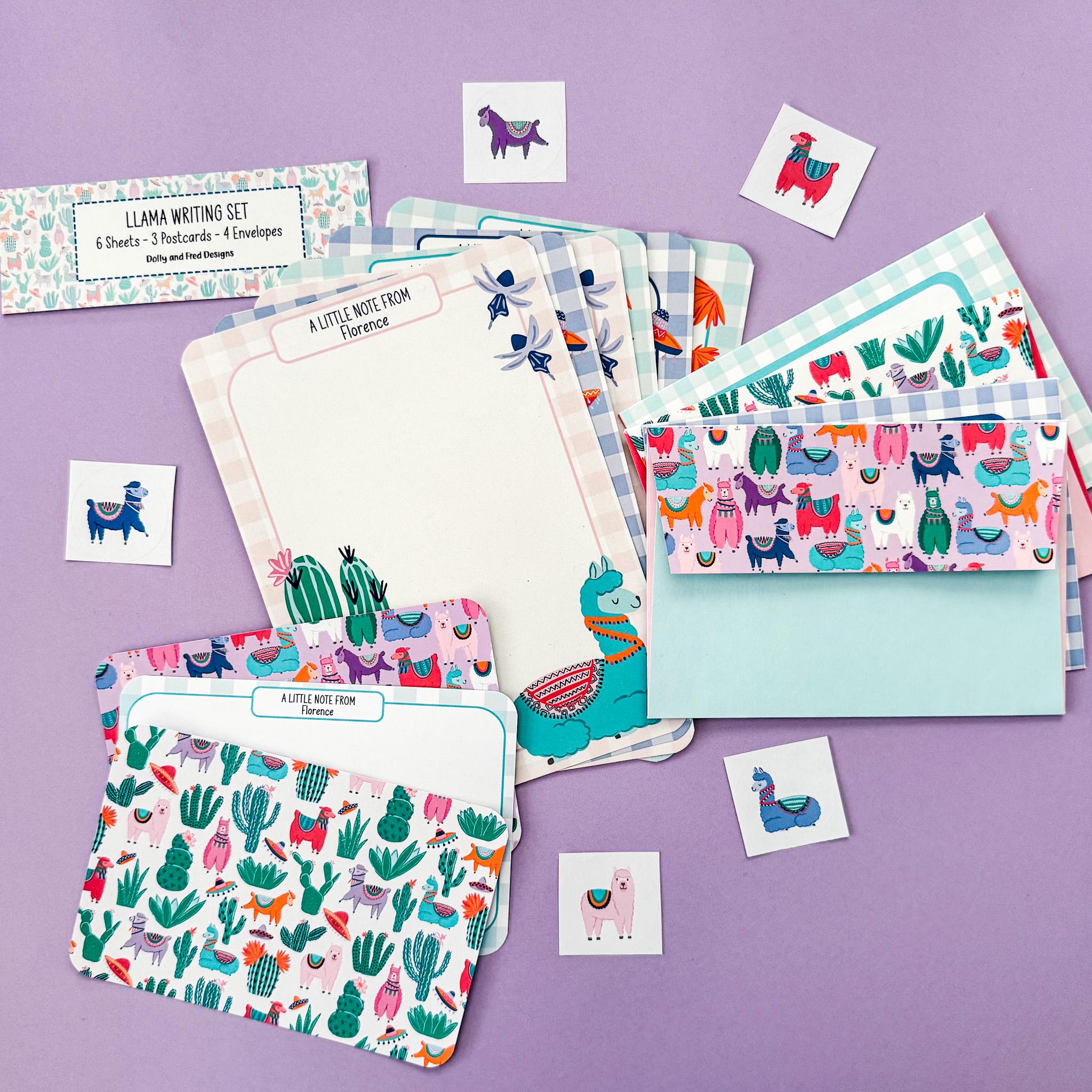 Llama writing set for children, little girls stationery set, personalised notecards for kids