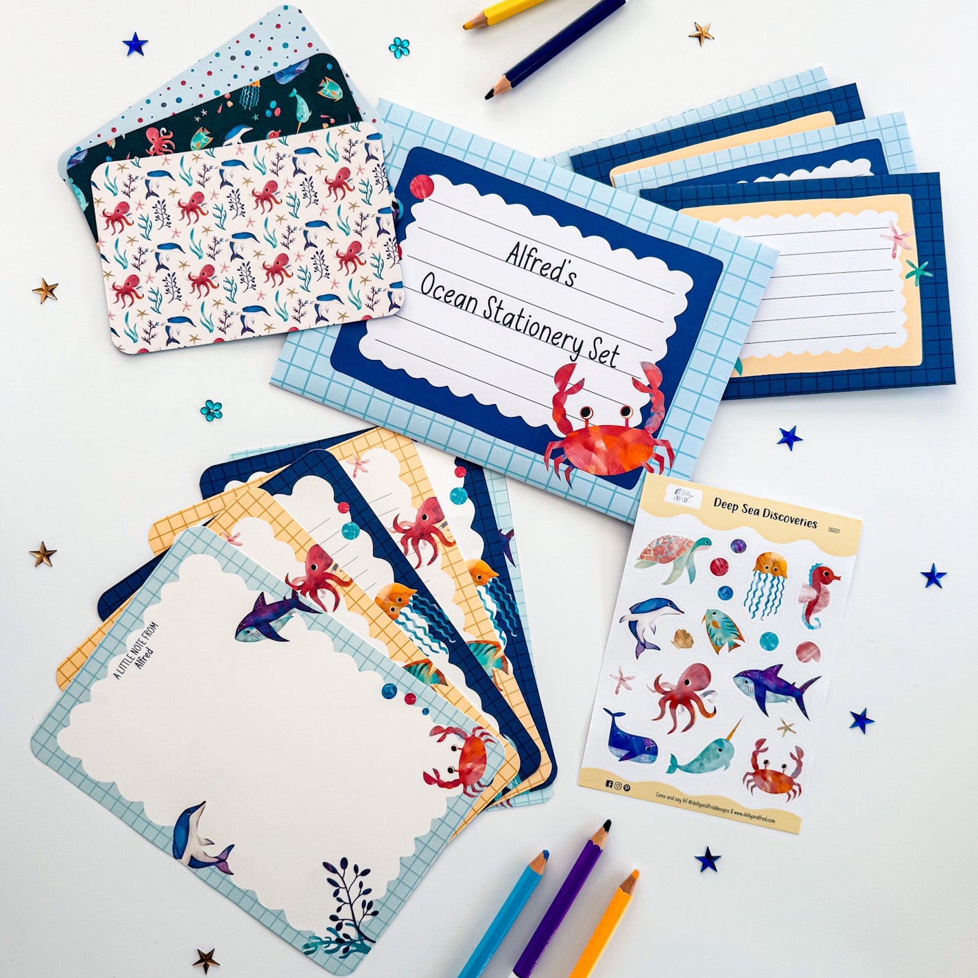 Full contents of the Ocean Writing Set including paper, envelopes, postcards, and stickers.