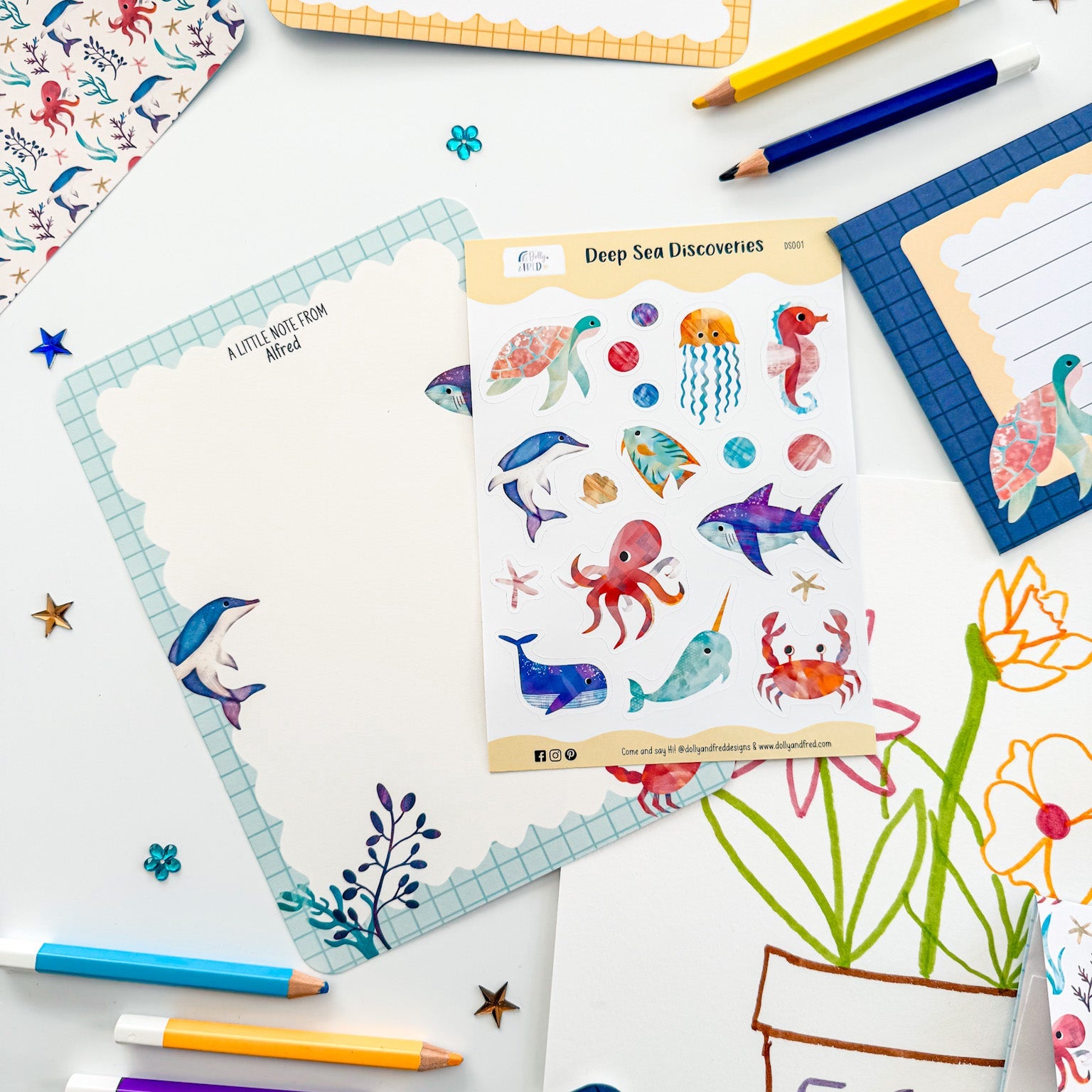 Fun ocean-themed stickers featuring sea creatures, shells, and waves.