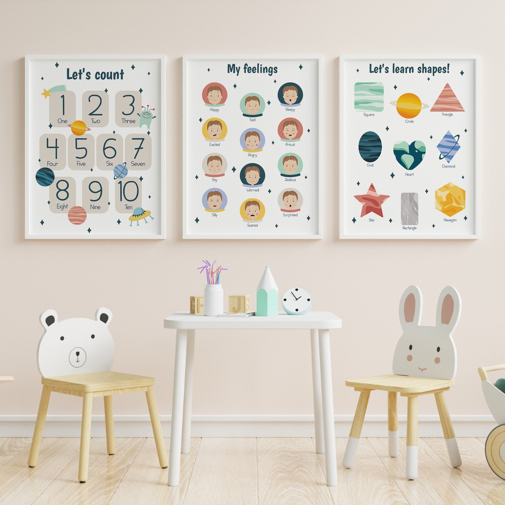 Pastel Educational Space Prints Set of 6 - Dolly and Fred Designs