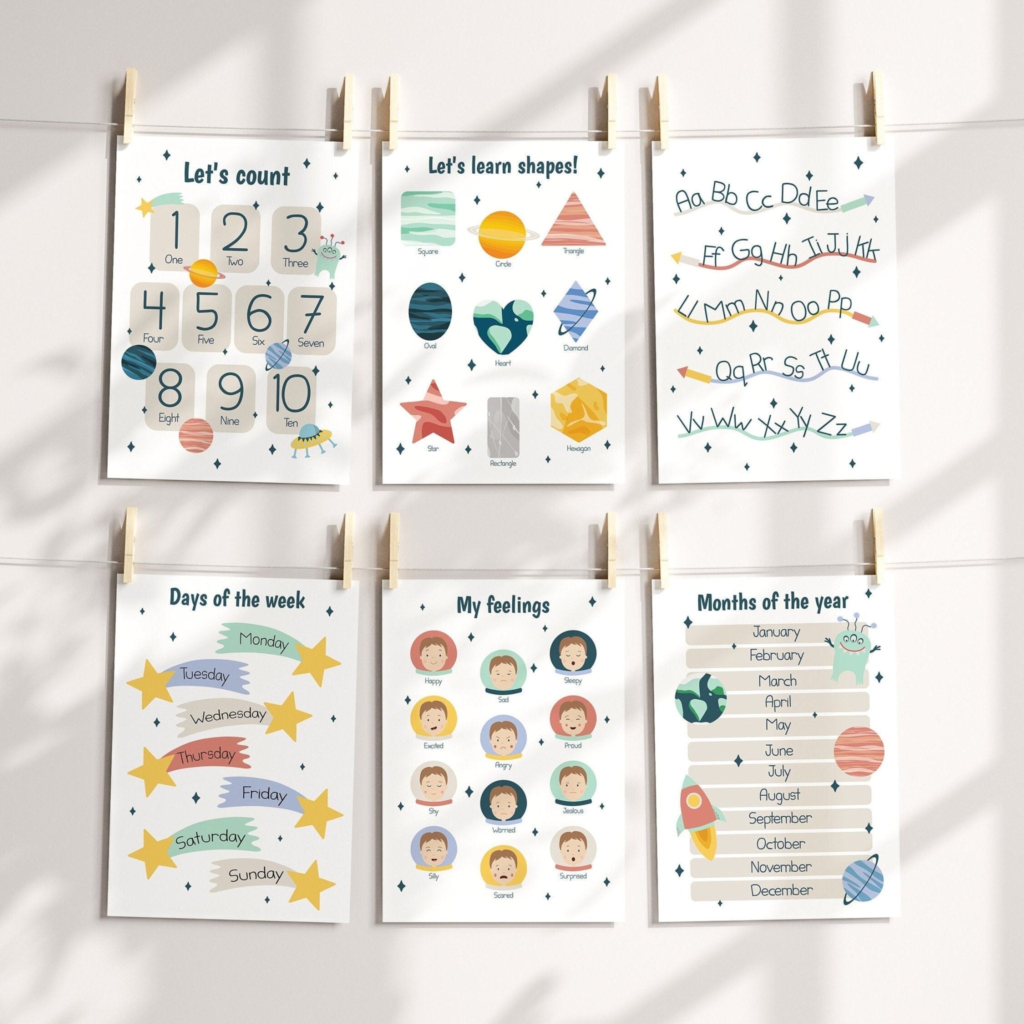 Pastel Educational Space Prints Set of 6 - Dolly and Fred Designs