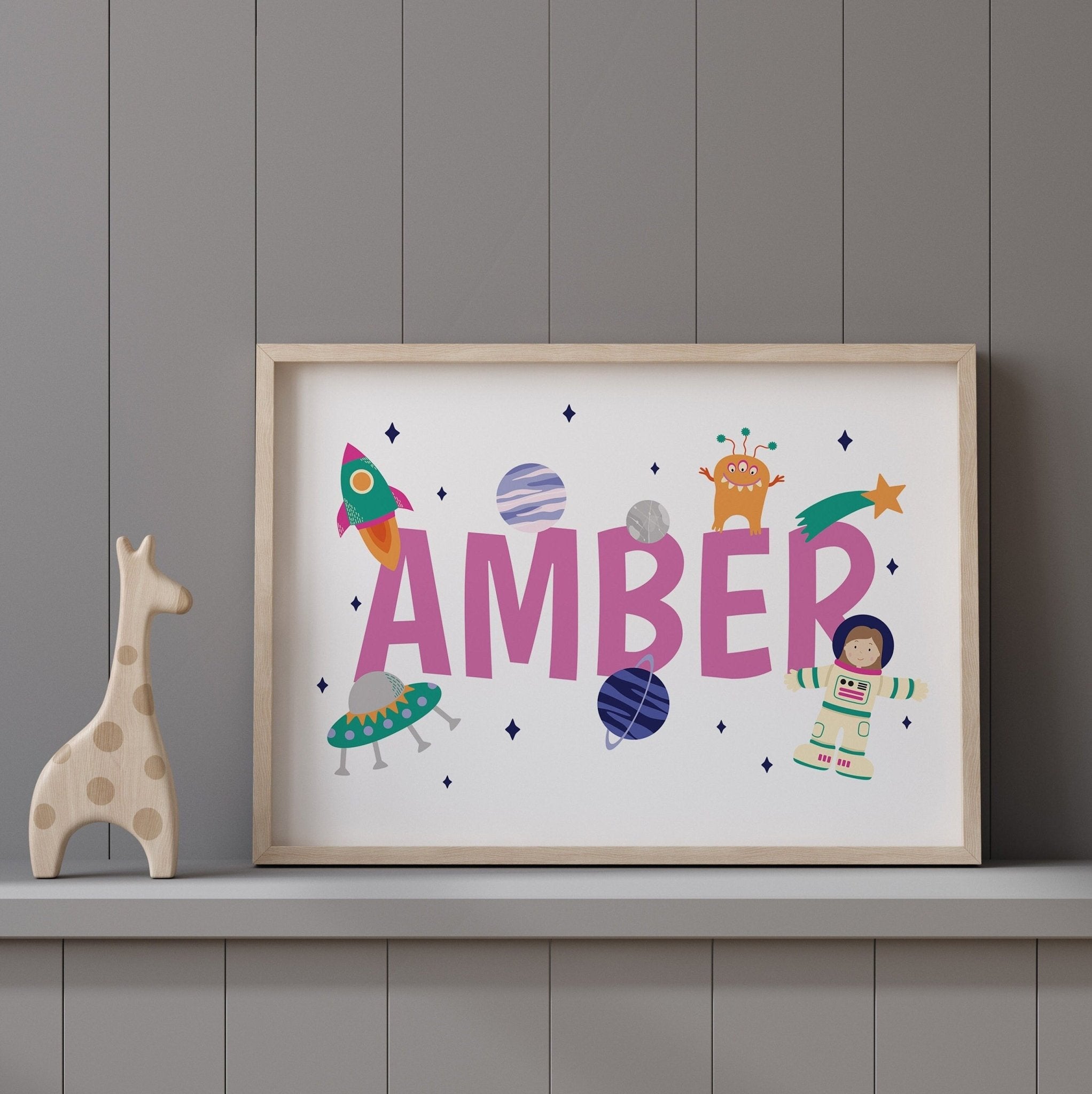 Personalised Astronaut Name Print in Pink - Dolly and Fred Designs