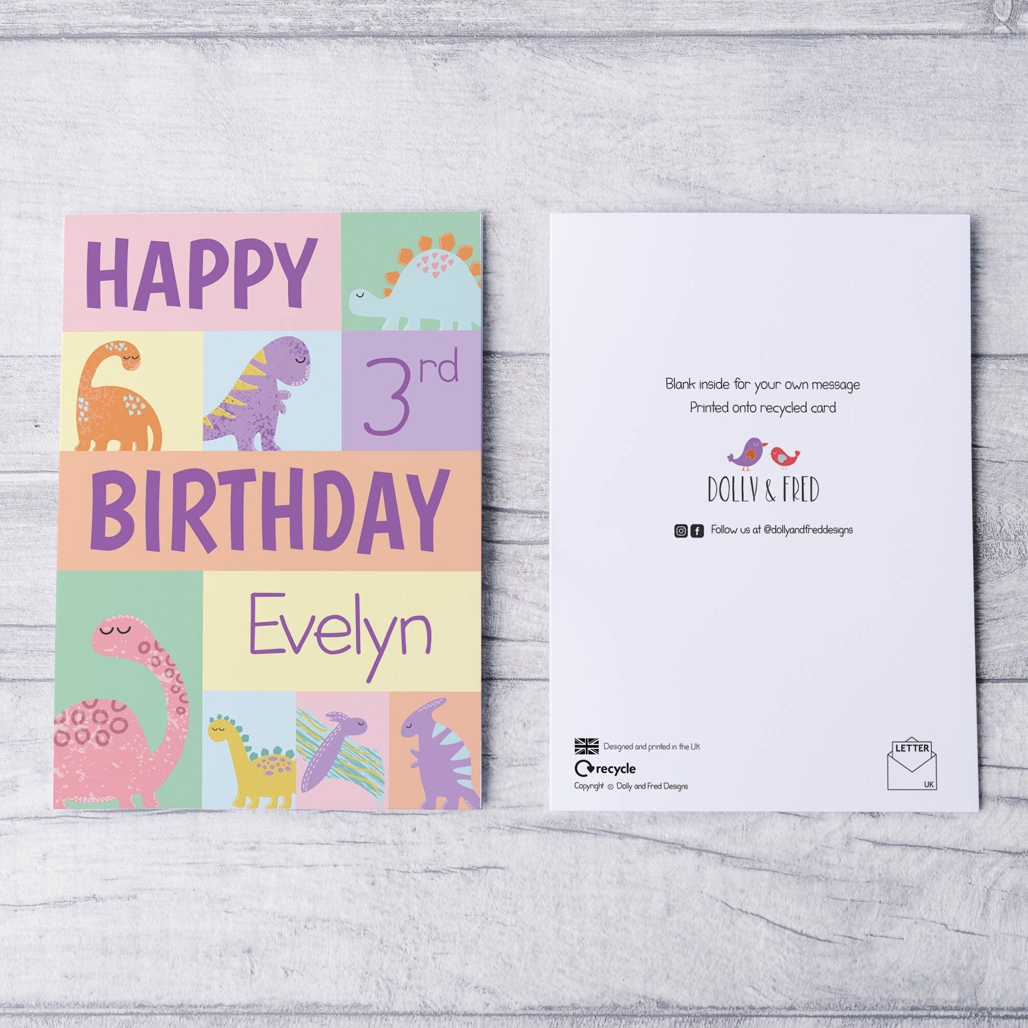 Personalised Dinosaur Birthday Card - Dolly and Fred Designs