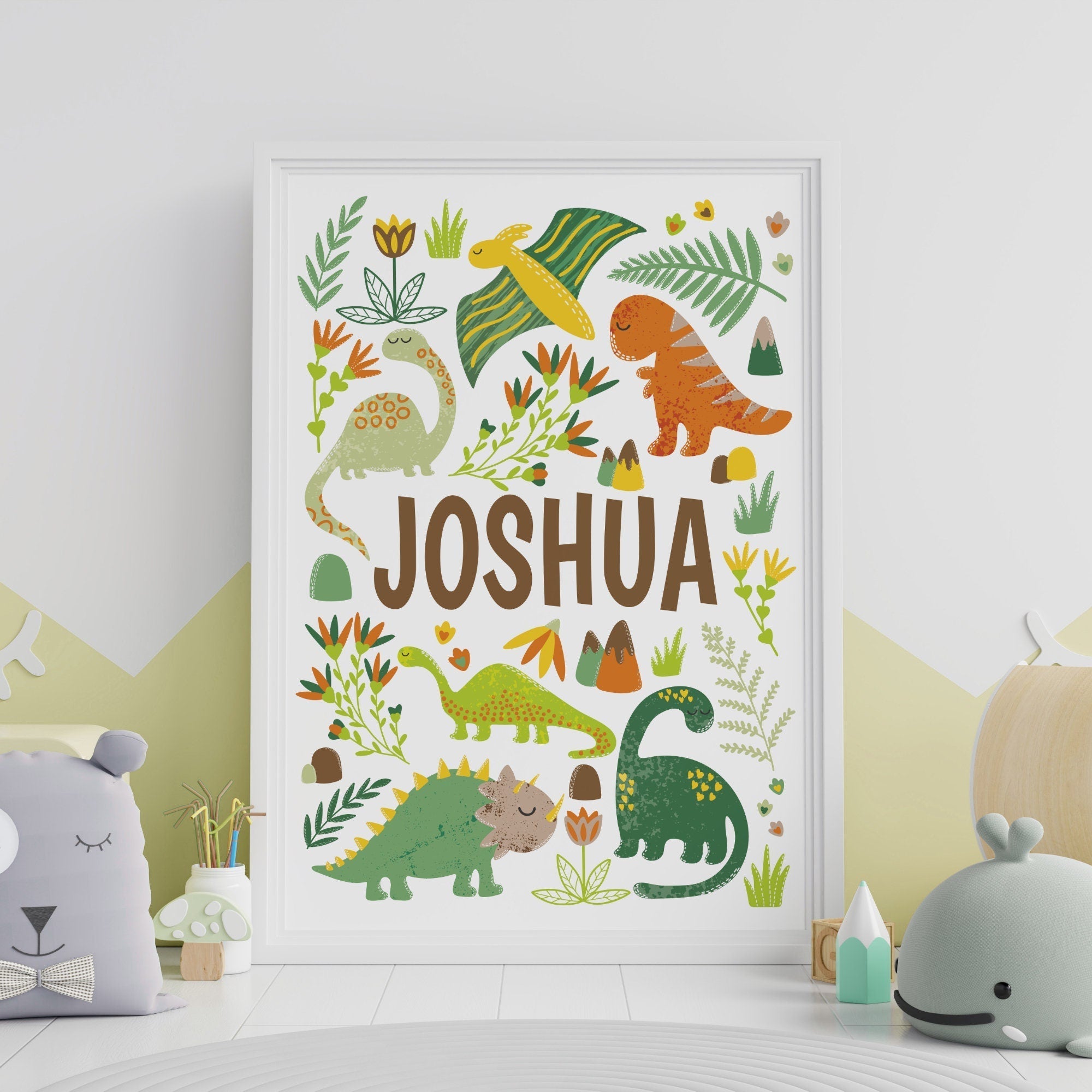 Personalised green dinosaur nursery print set of 3 - Dolly and Fred Designs