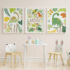 Personalised green dinosaur nursery print set of 3 - Dolly and Fred Designs