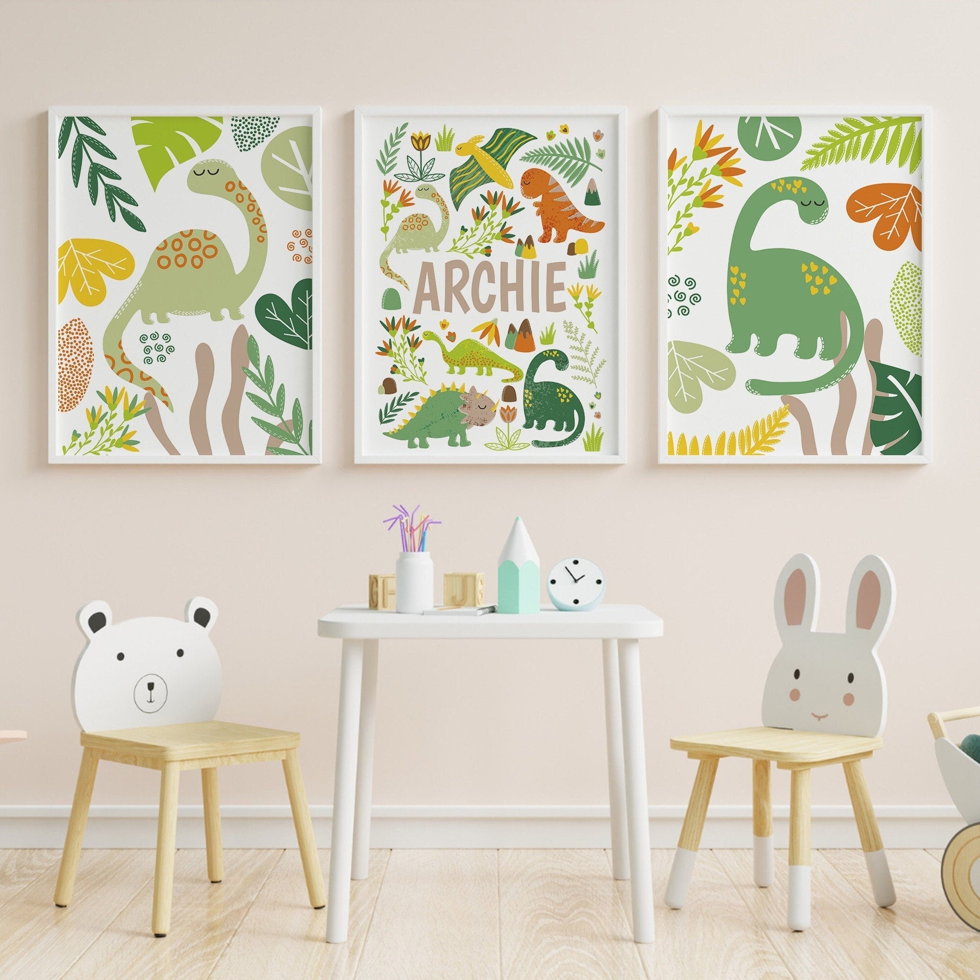 Personalised green dinosaur nursery print set of 3 - Dolly and Fred Designs