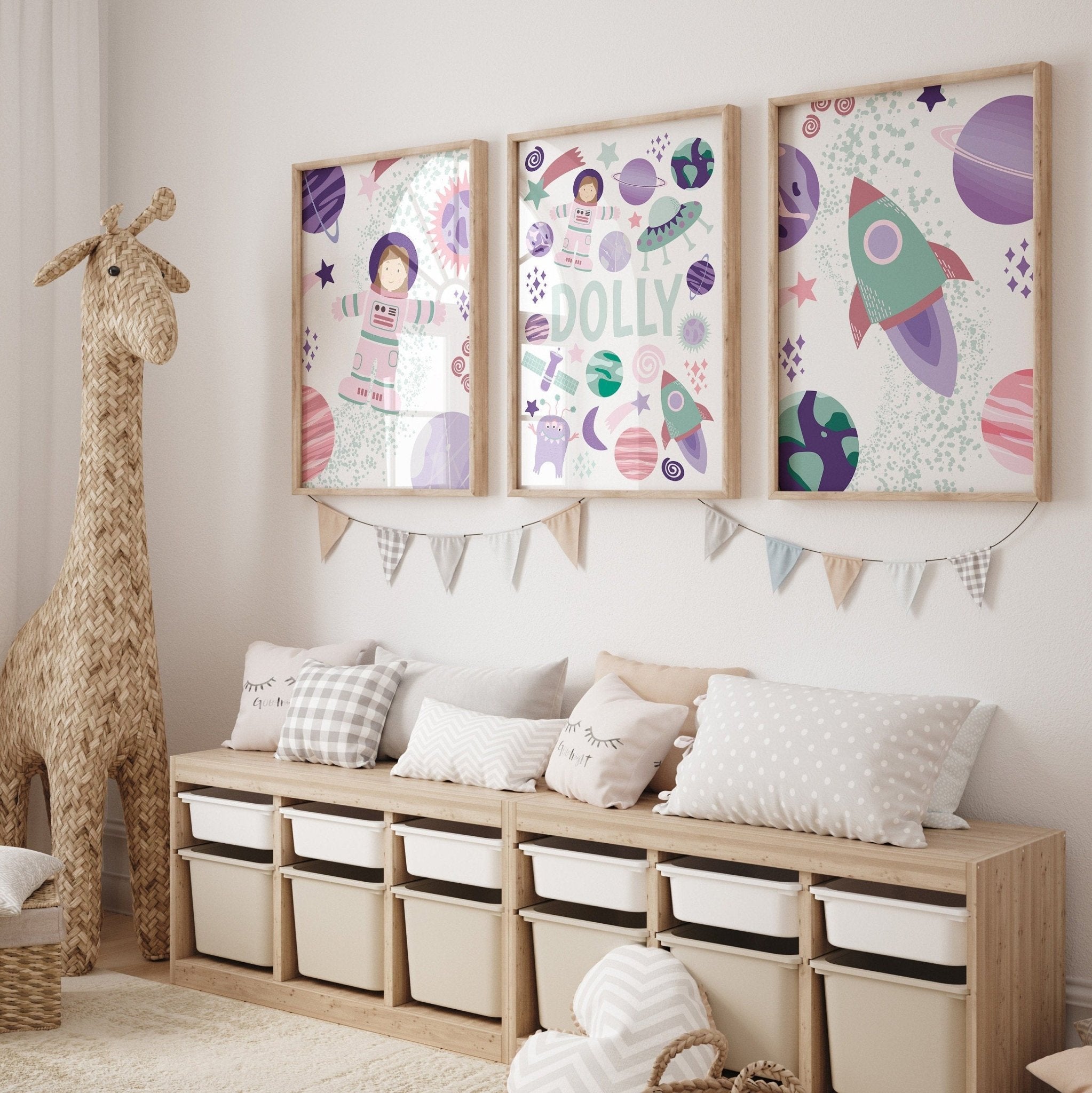 Personalised pink outer space nursery prints - Dolly and Fred Designs