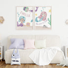 Pink and purple personalised mermaid nursery print set - Dolly and Fred Designs