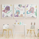 Pink and purple personalised mermaid nursery print set - Dolly and Fred Designs