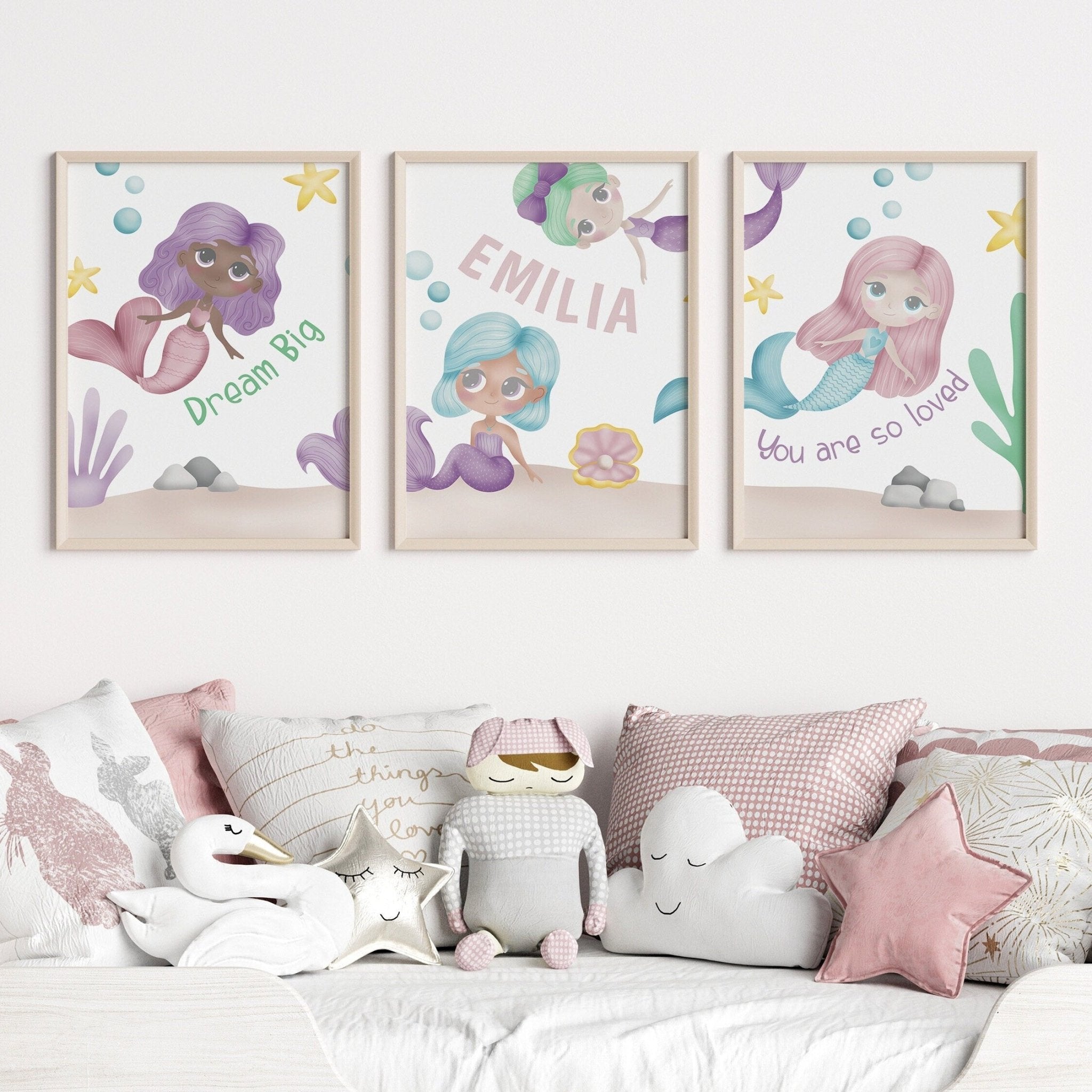 Purple personalised mermaid print set Dolly and Fred Designs