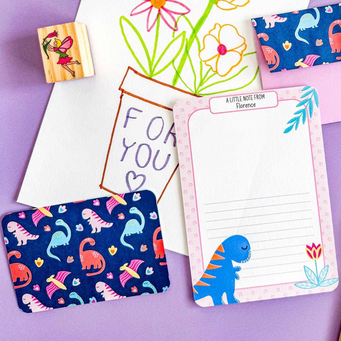 Pink Dinosaur Letter Writing Set for Kids - Dolly and Fred Designs