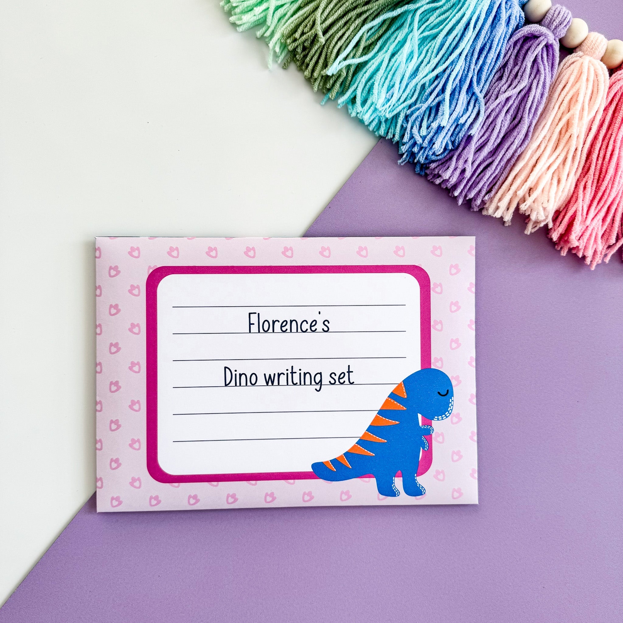 Pink Dinosaur Letter Writing Set for Kids - Dolly and Fred Designs