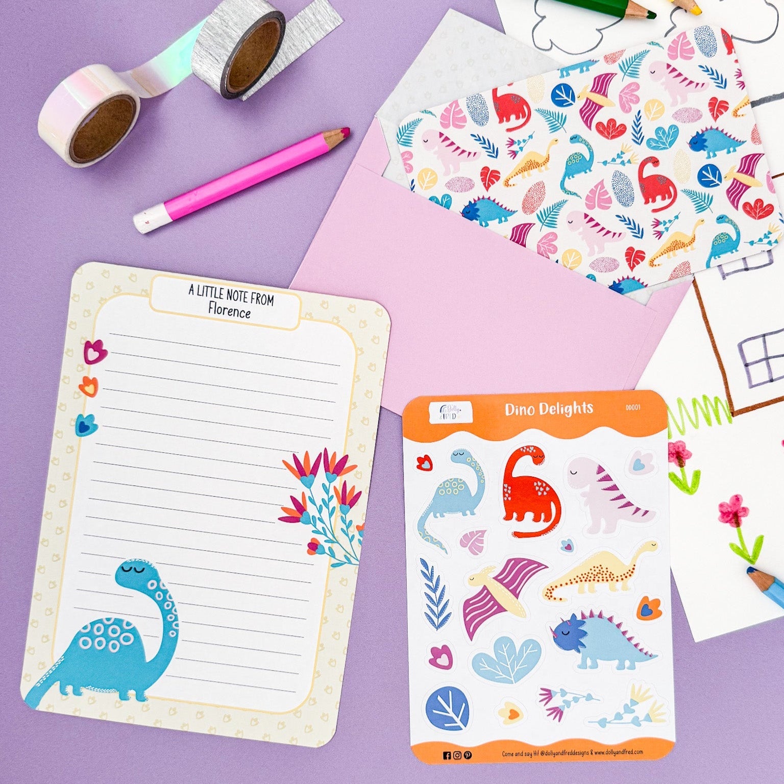 Pink Dinosaur Letter Writing Set for Kids - Dolly and Fred Designs