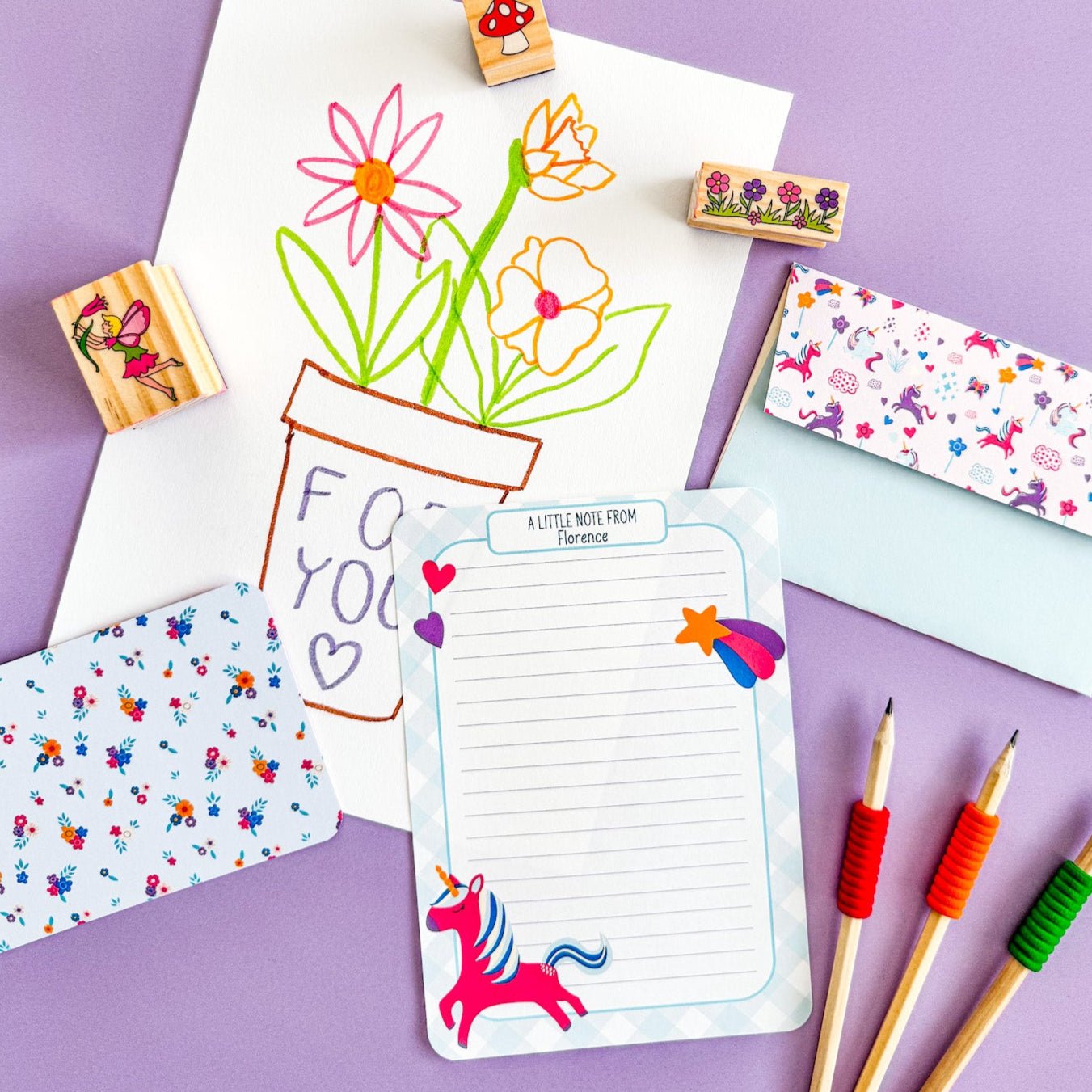 Pink Unicorn Writing Set for Children - Dolly and Fred Designs