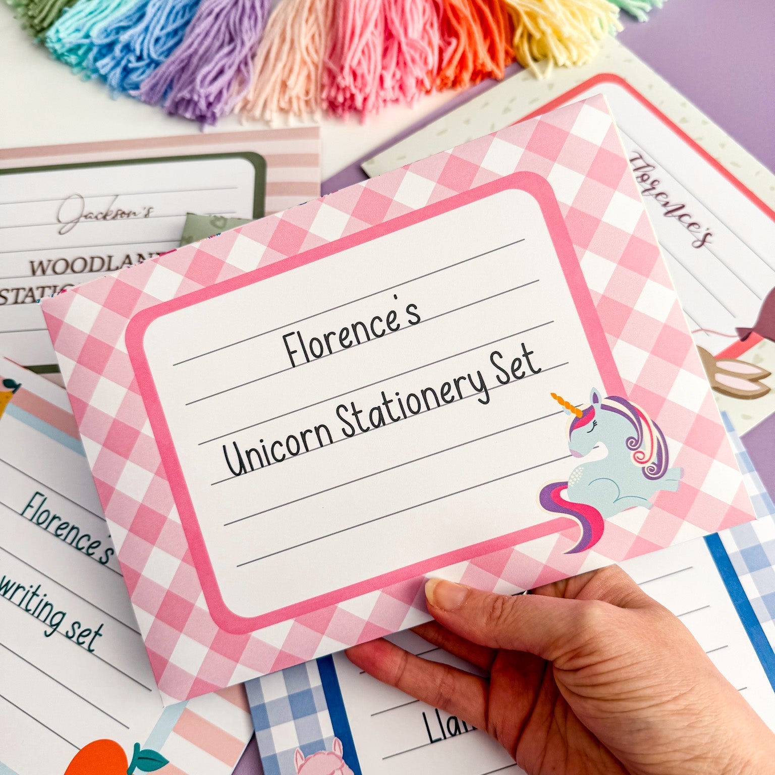 Pink Unicorn Writing Set for Children - Dolly and Fred Designs