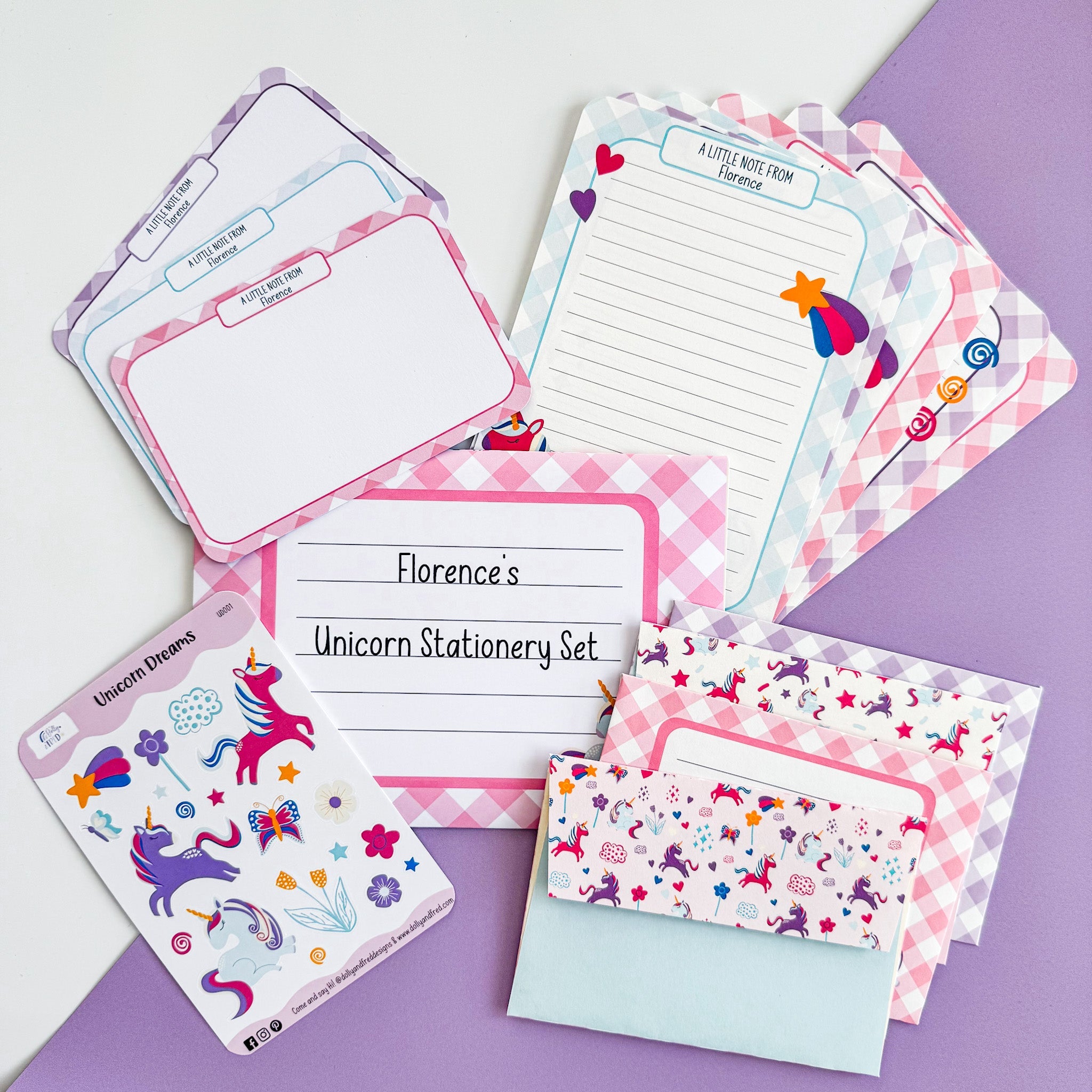 Pink Unicorn Writing Set for Children - Dolly and Fred Designs