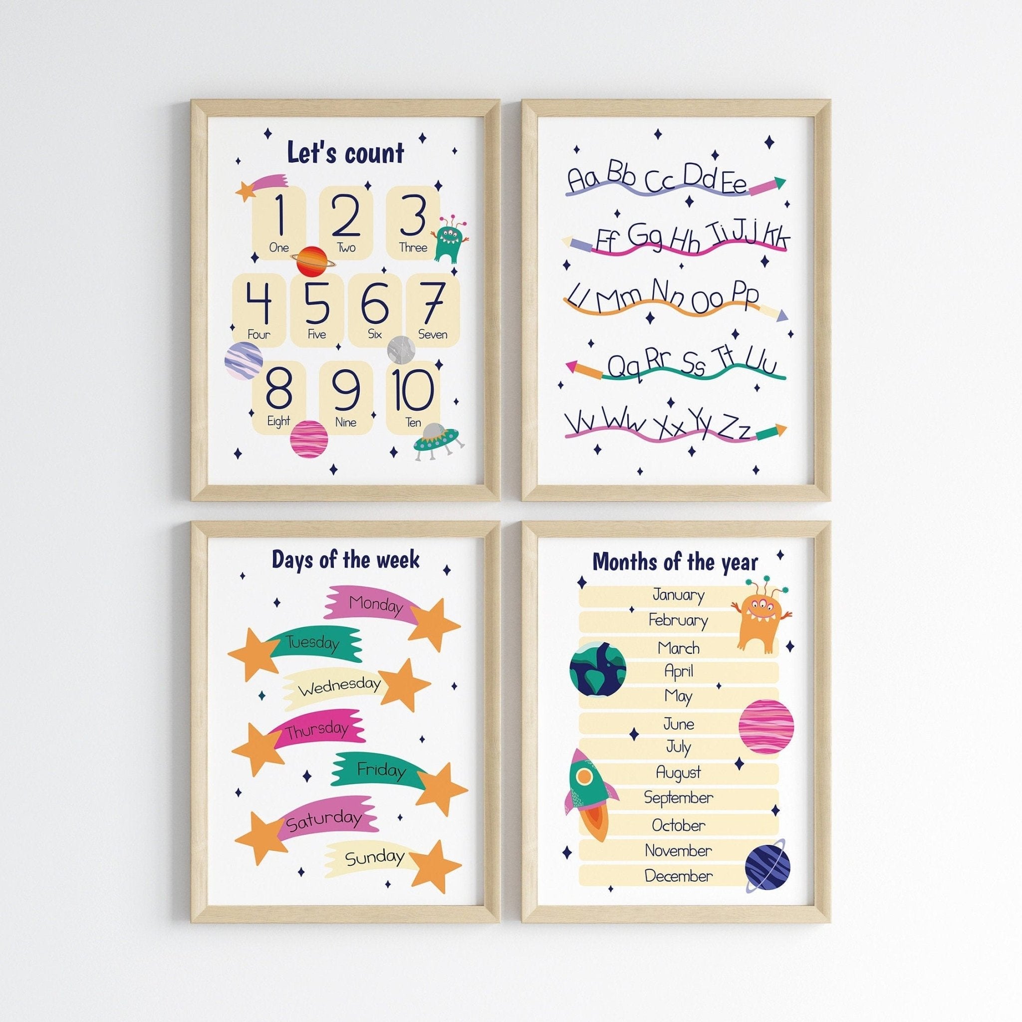 Set of 6 Educational Prints in pink - Dolly and Fred Designs