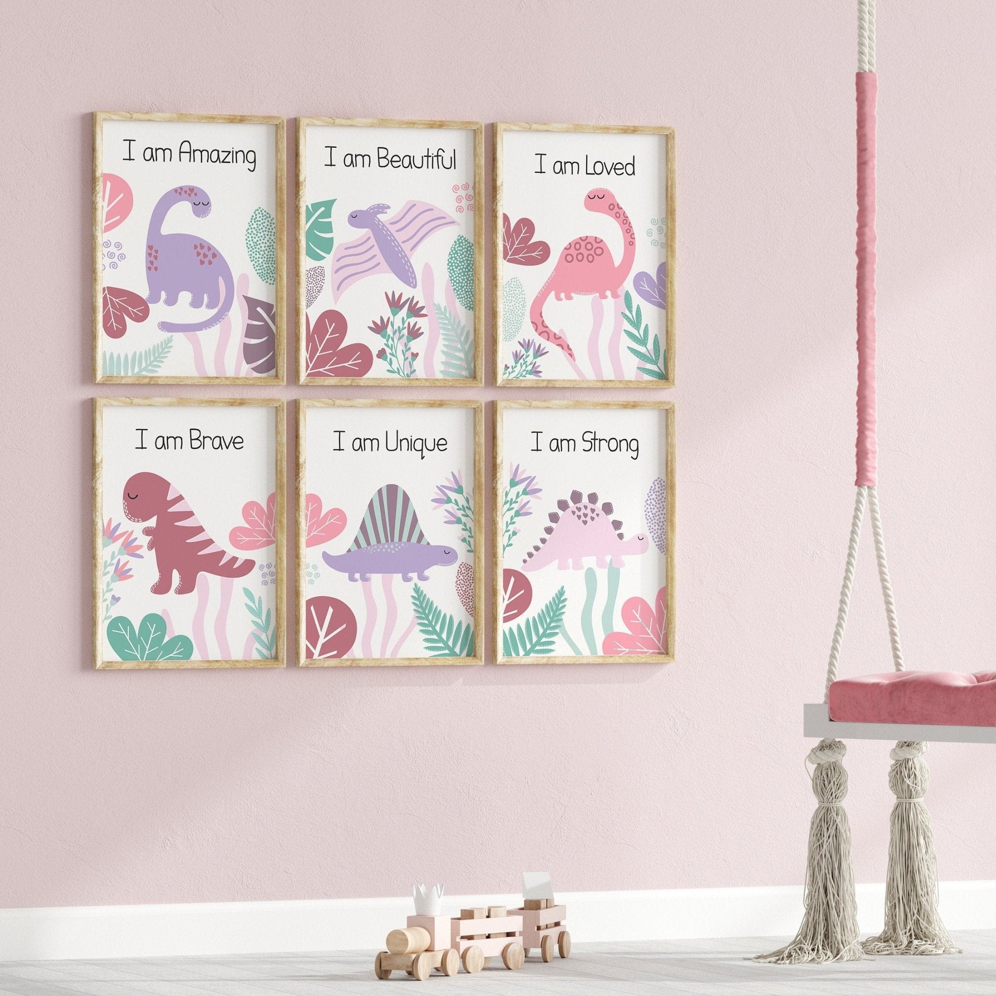 Set of 9 Pink Dinosaur Affirmation prints - Dolly and Fred Designs