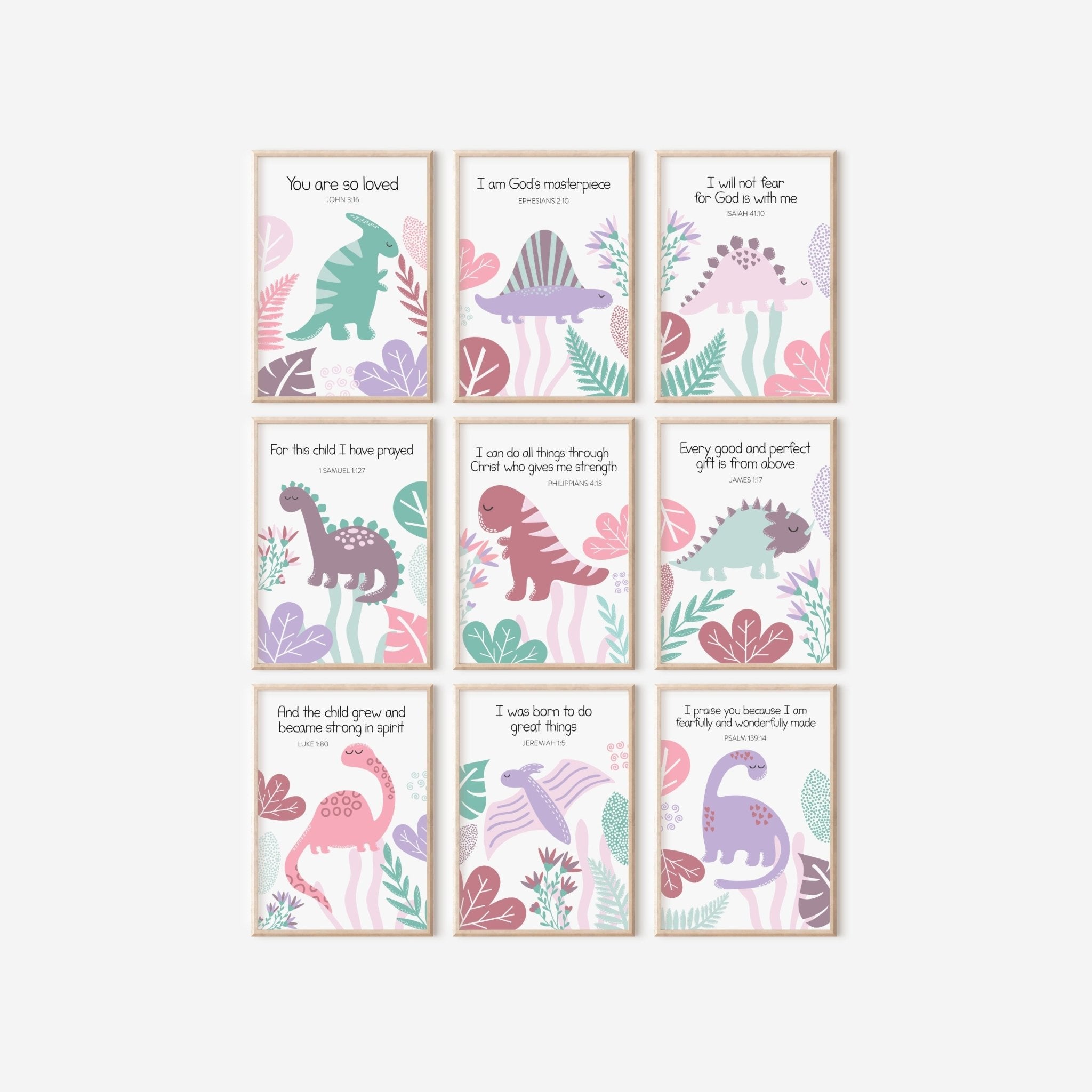 Set of 9 Pink Dinosaur Bible verse prints - Dolly and Fred Designs