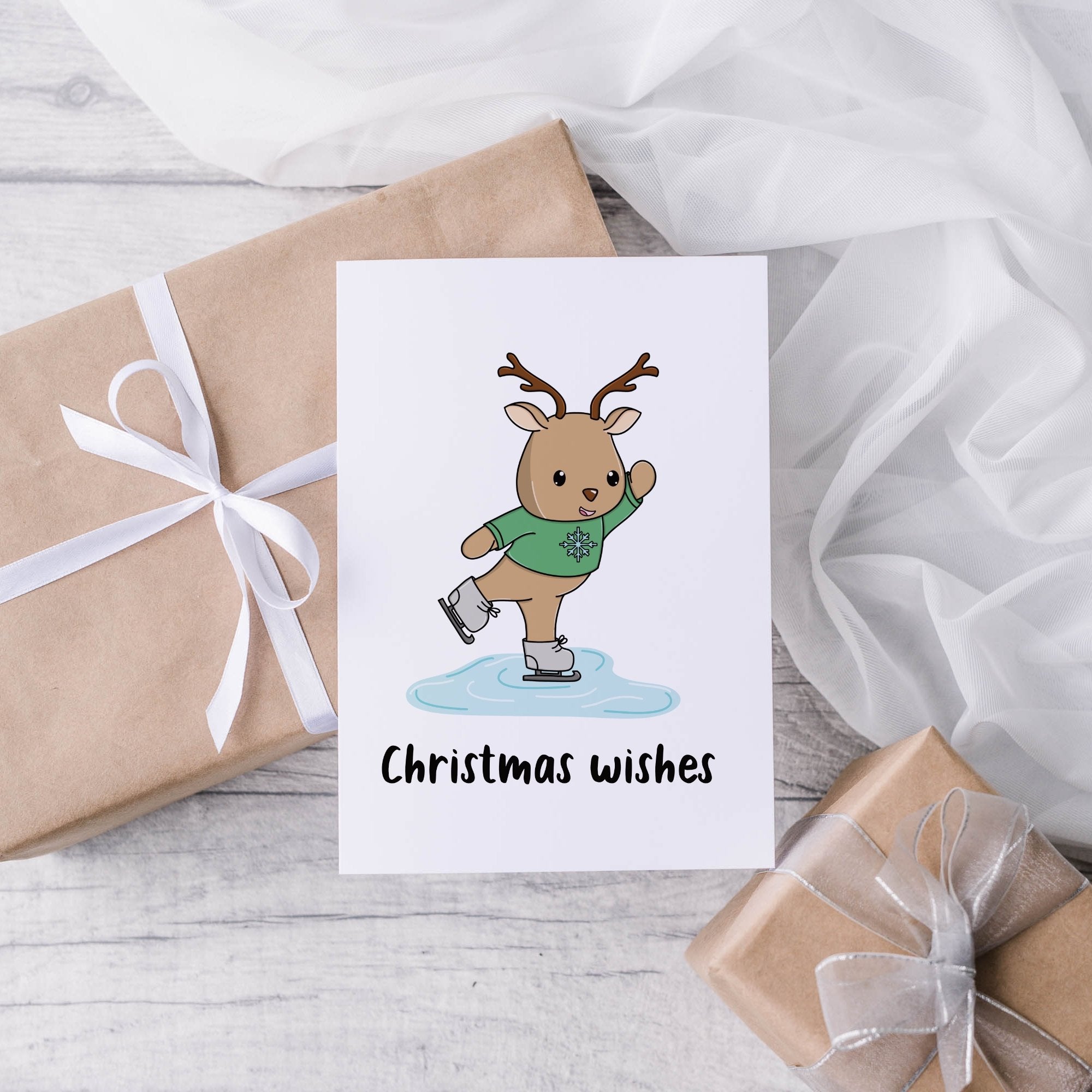 Skating Reindeer Christmas Card - Dolly and Fred Designs