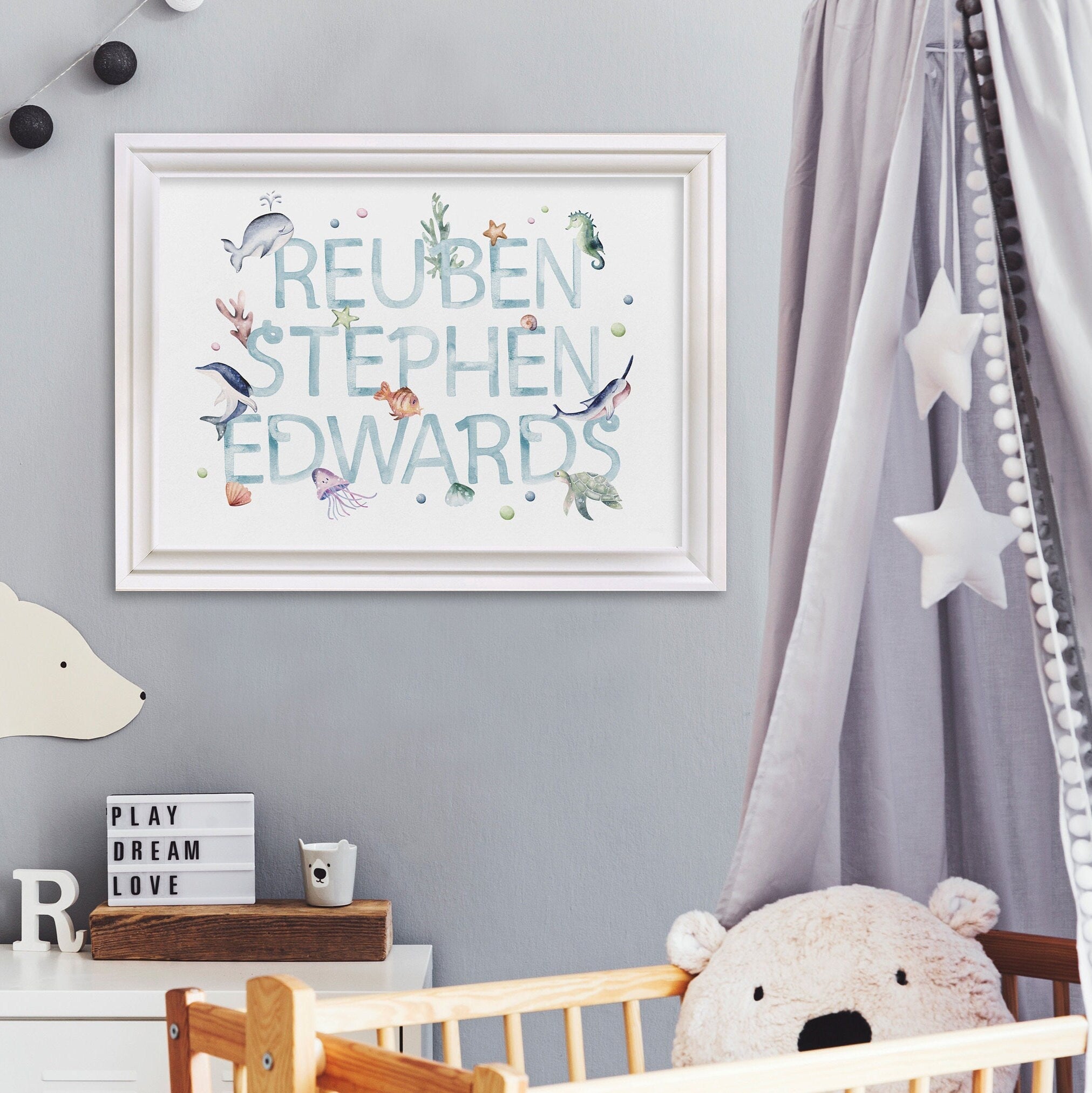 Watercolour Ocean Name print - Dolly and Fred Designs