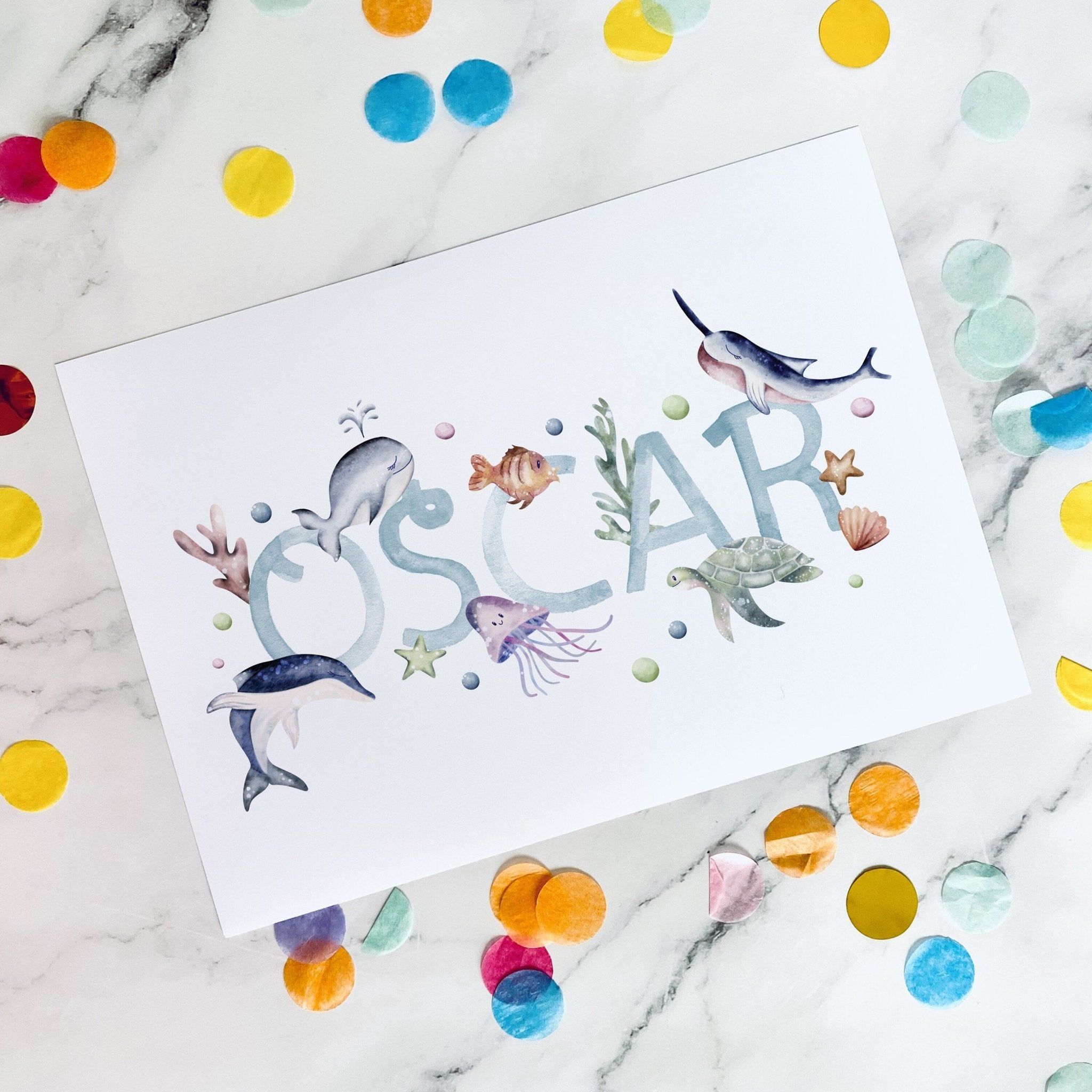 Watercolour Ocean Name print - Dolly and Fred Designs