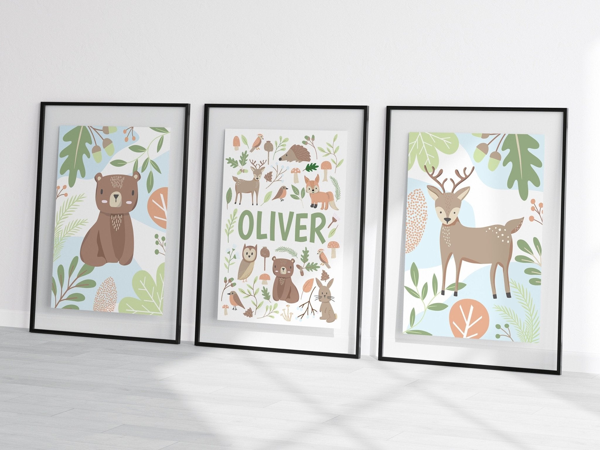 Woodland animal nursery print set for baby boy - Dolly and Fred Designs