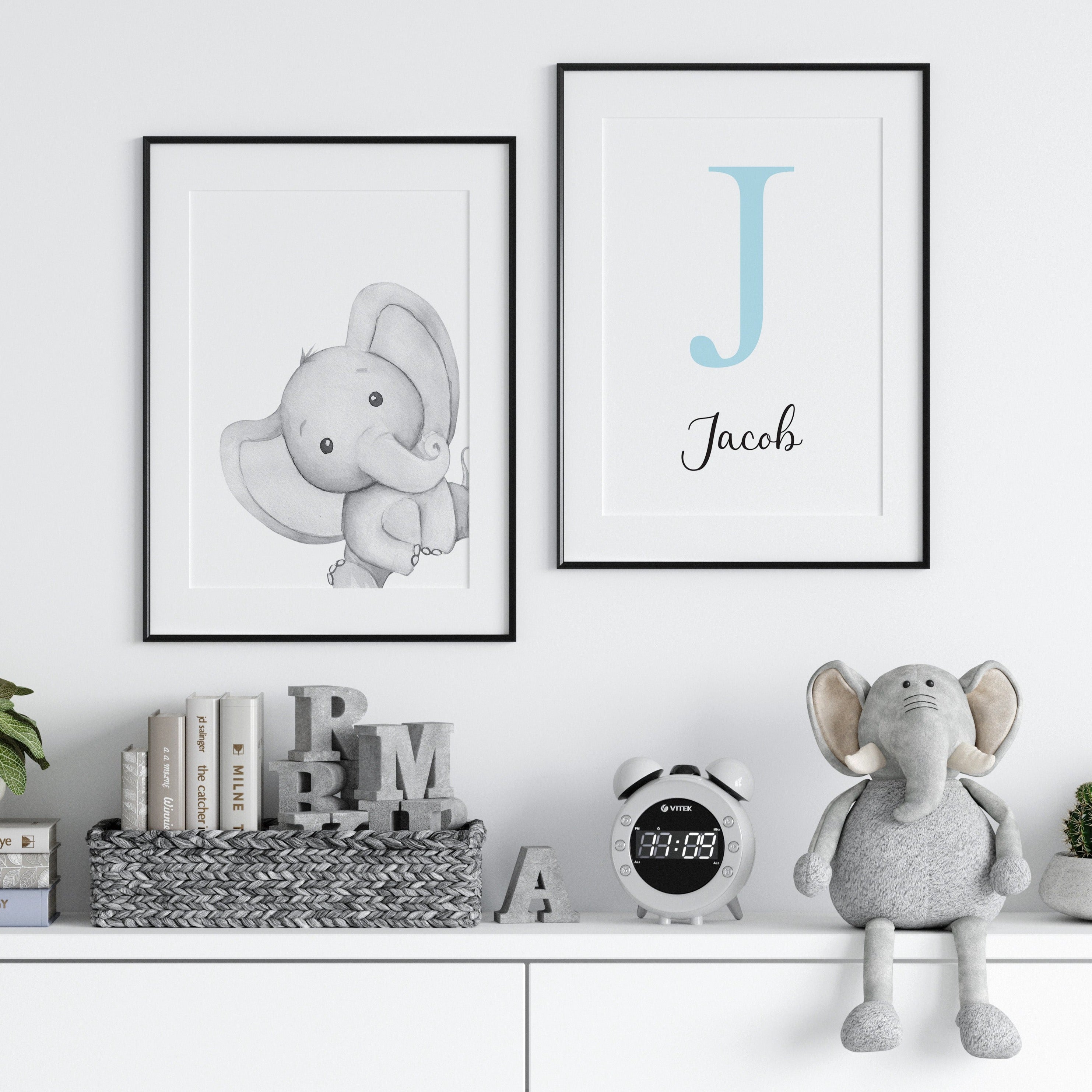 Blue and shop grey elephant nursery