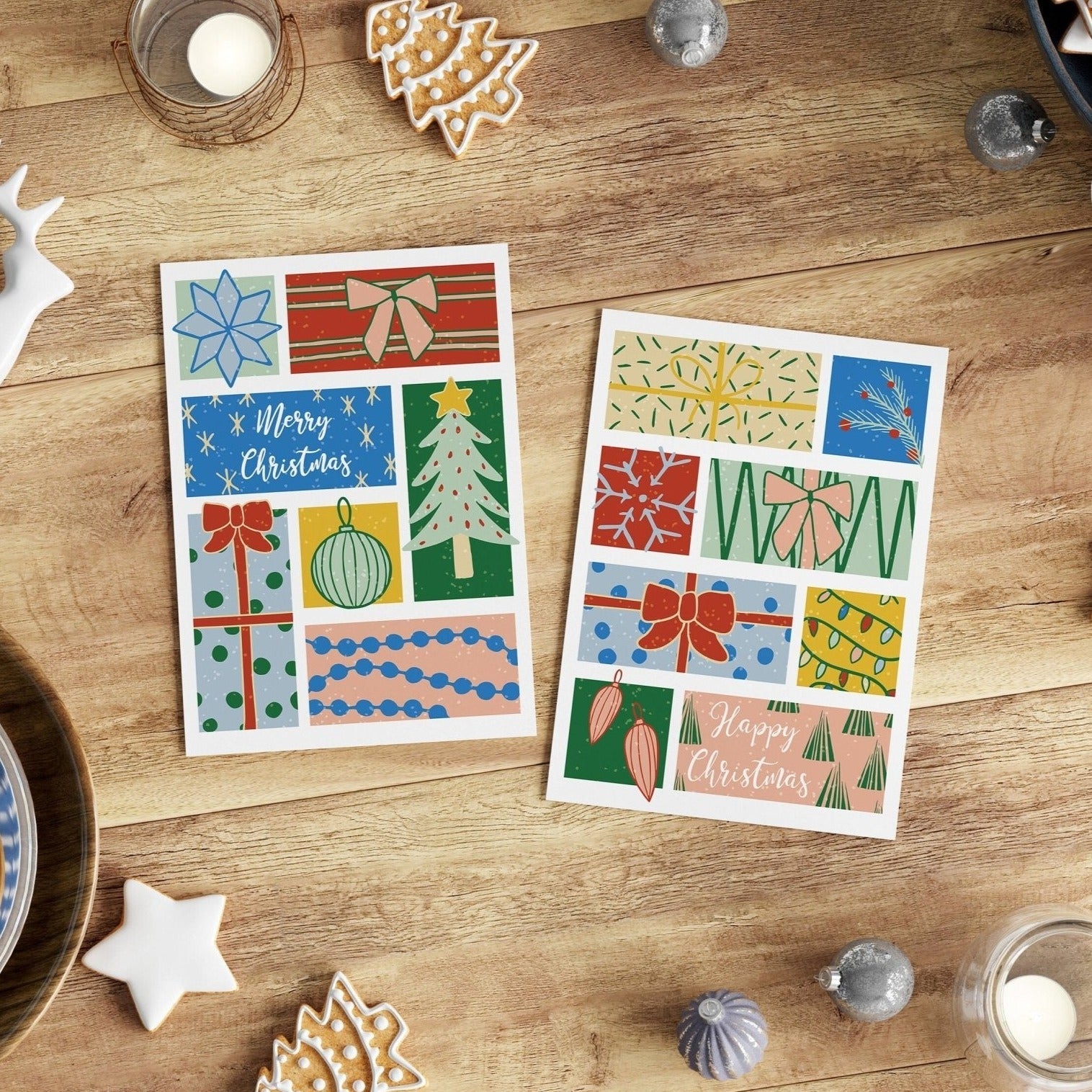 Christmas Card Pack, pack of 5 seasonal greetings cards, bright card mulit pack - Dolly and Fred Designs