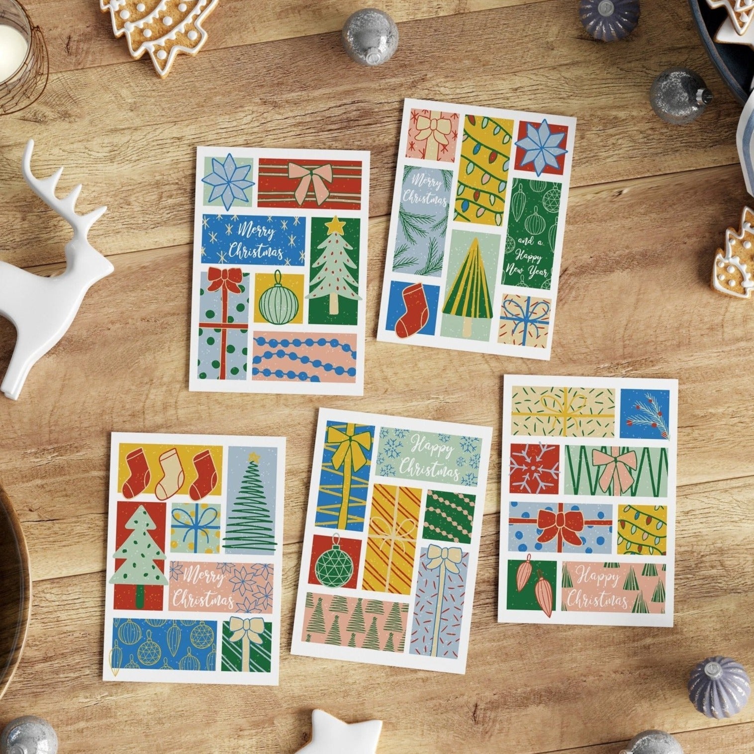 Christmas Card Pack, pack of 5 seasonal greetings cards, bright card mulit pack - Dolly and Fred Designs