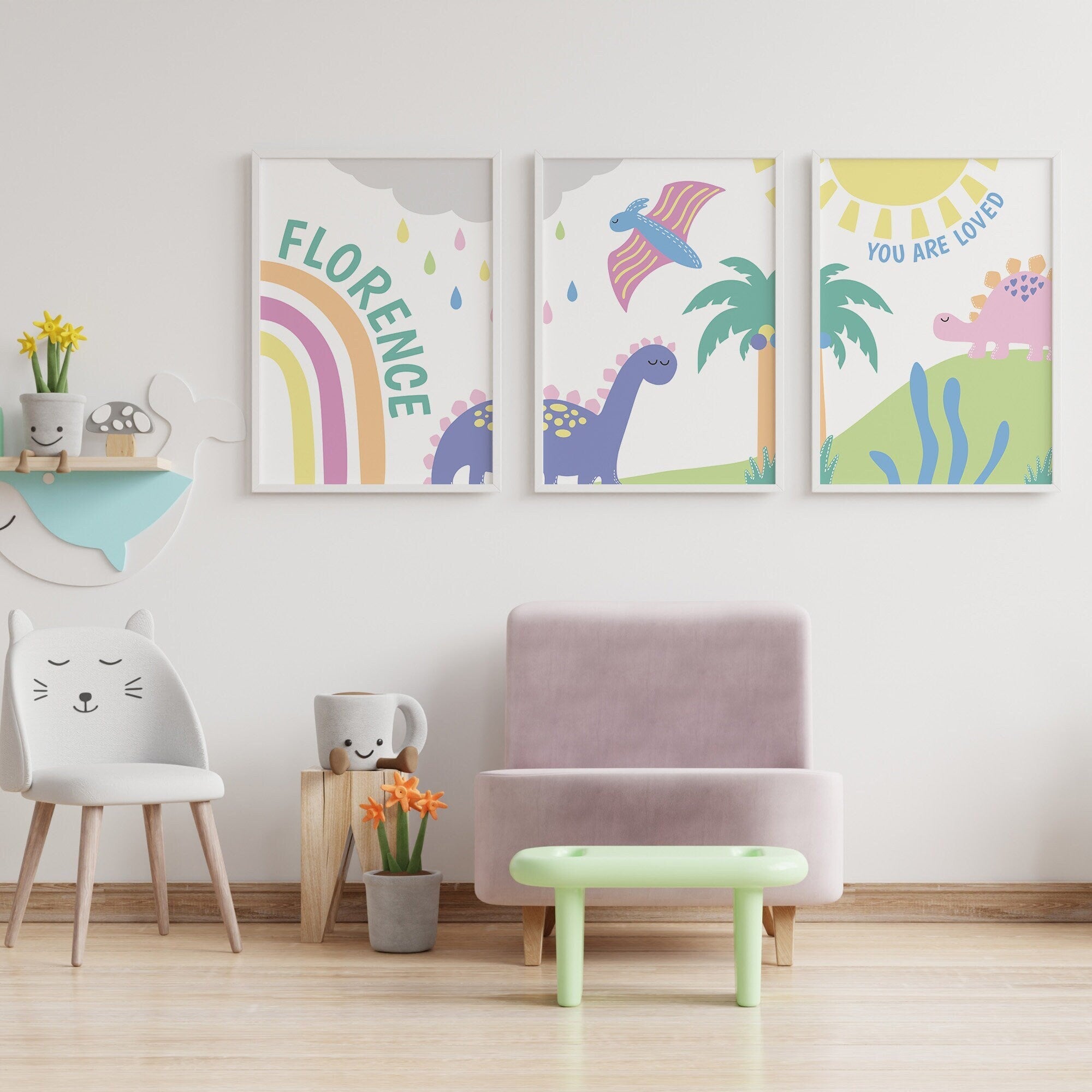 Pastel Rainbow Panoramic Dinosaur Print Set - Dolly and Fred Designs